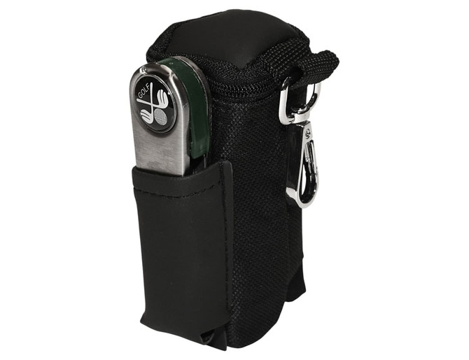 A black pouch with a clip, featuring a golf tool and a pocket, ideal for golfers. It has a logo on the front.