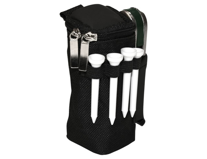 A black zippered pouch containing golf tees and a small accessory, featuring a clip and branding.