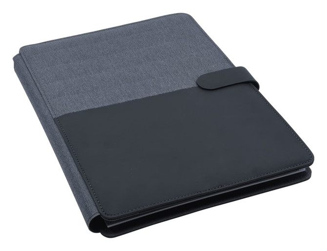 A black and charcoal portfolio with a smooth cover and textured finish, featuring a closure flap.