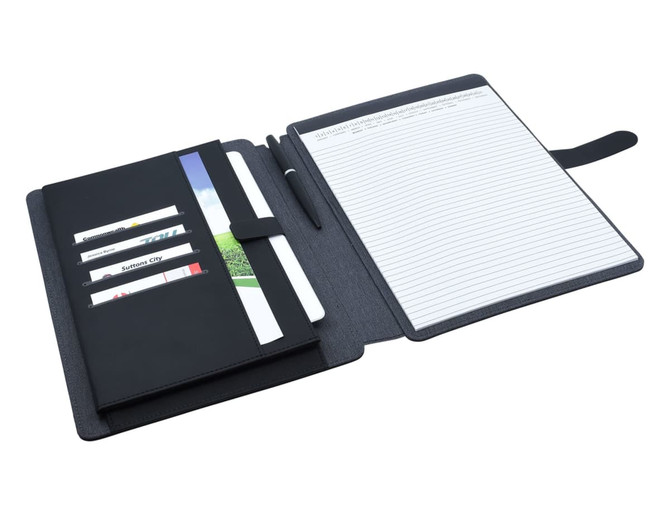 A black and charcoal A4 portfolio with card slots, a notepad, and a pen holder. It features a logo.