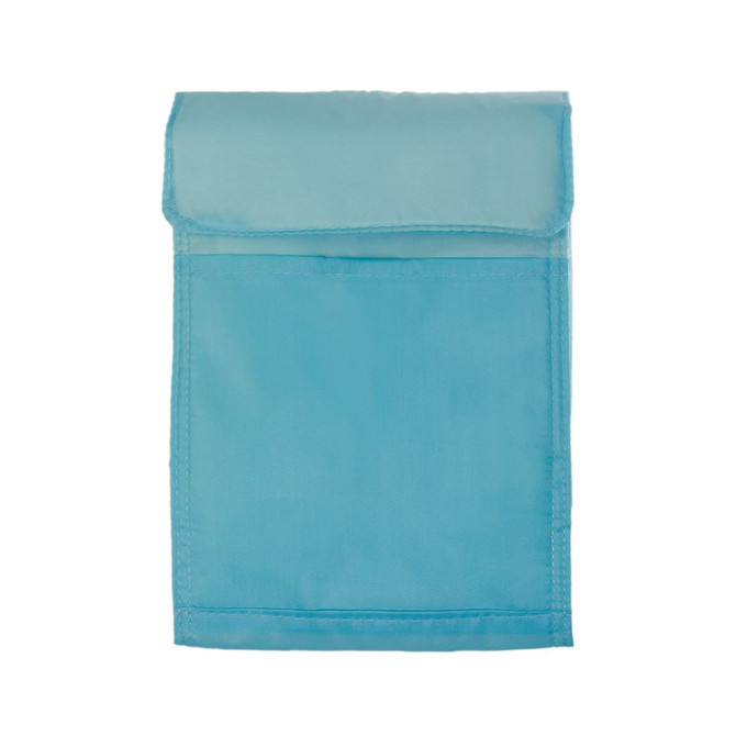 A blue cooler lunch bag with a flap closure and a front pocket, featuring a logo.