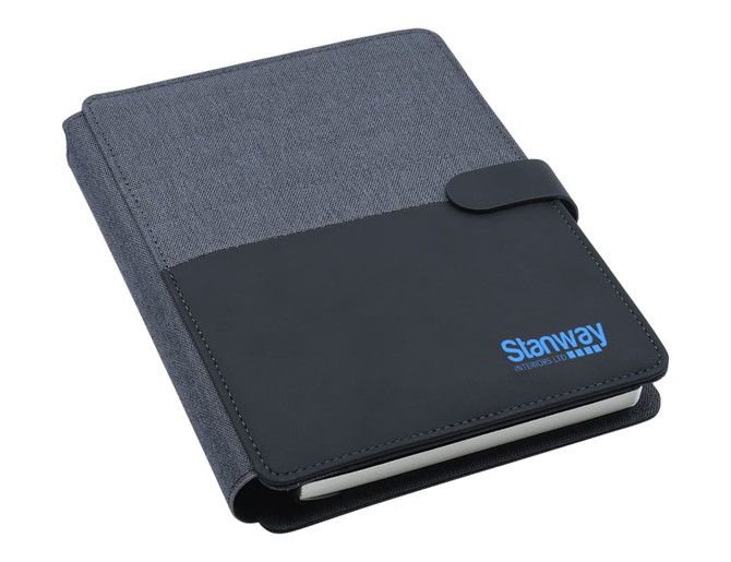 A black and charcoal A5 portfolio with a textured cover and a logo.