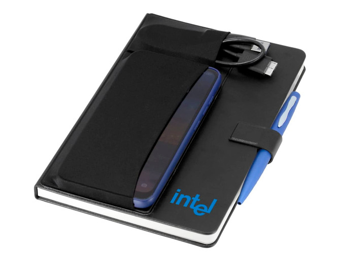 A black notebook with a pen, a phone sleeve, and a charging cable, featuring a logo on the cover.