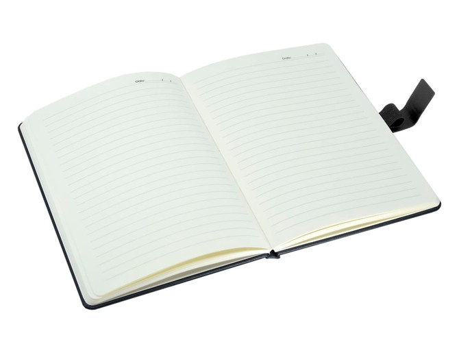 A black notebook with lined pages, featuring a ribbon bookmark and an open layout.