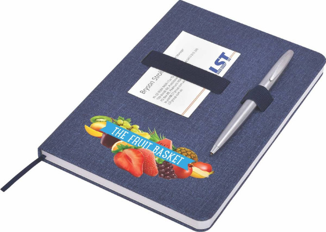 A navy A5 notebook with an elastic band, a pen, and a business card holder on the cover.