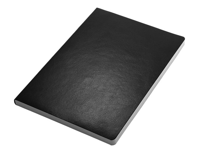 A black A5 notebook with a smooth cover and a clean design, featuring a logo on the front.