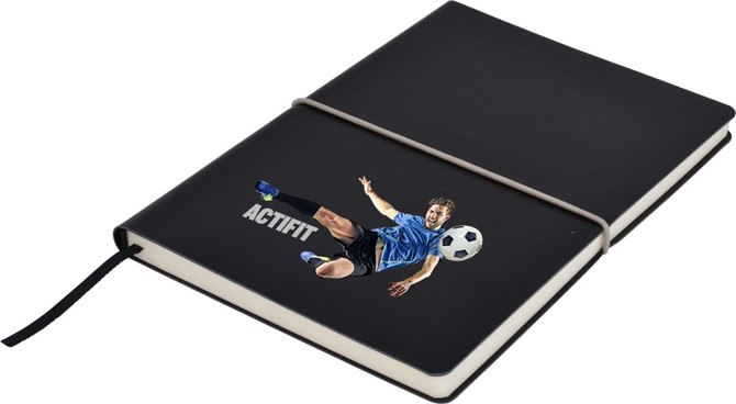 A black A5 notepad with an elastic band, featuring an image of a soccer player and a logo.