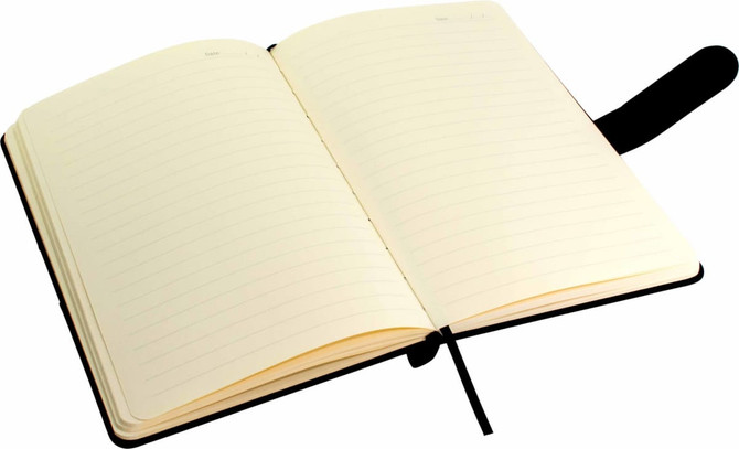 An open A5 notebook with lined pages, featuring a black cover and ribbon bookmark. 