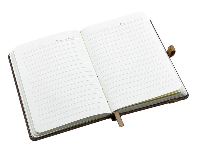 An A6 Italian bonded leather notebook with lined pages and a ribbon bookmark, featuring a brown exterior.