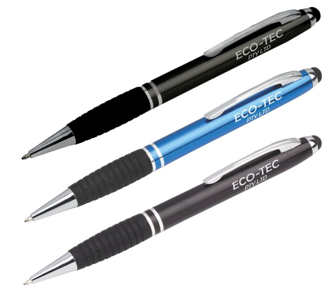A set of three stylus pens in black, blue, and black with a rubber grip, featuring a logo.