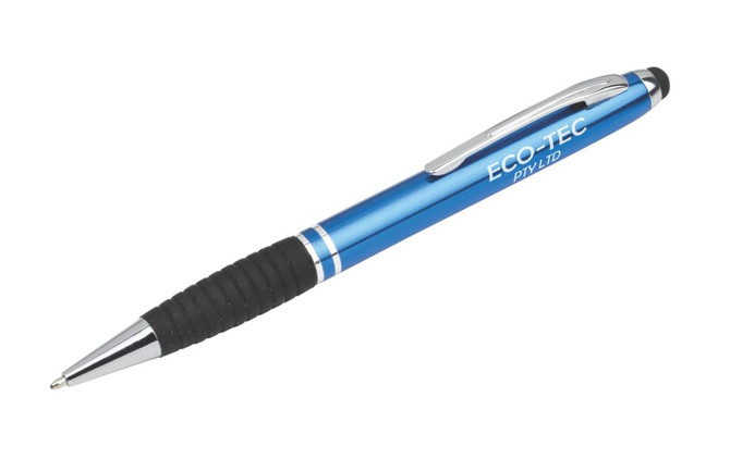 A blue stylus pen with a rubber grip and a silver clip, featuring a logo on the barrel.