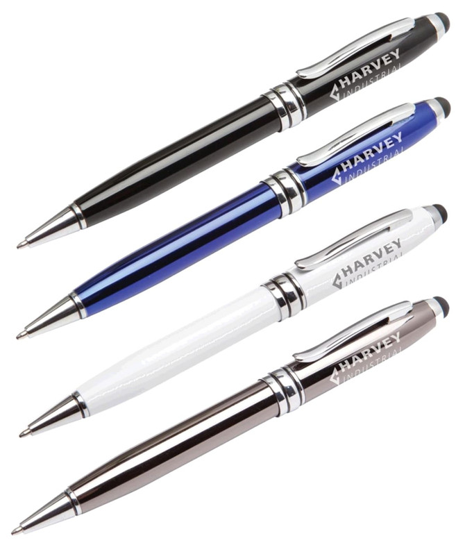 An assortment of four stylus pens in black, blue, white, and silver, featuring a logo on each.