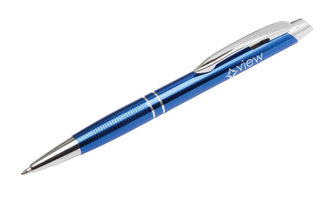 A blue metal pen with a shiny silver clip and a branding logo.