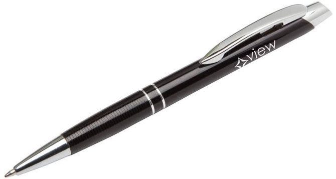 A black metal pen with a chrome clip and accents, featuring a logo on the barrel.