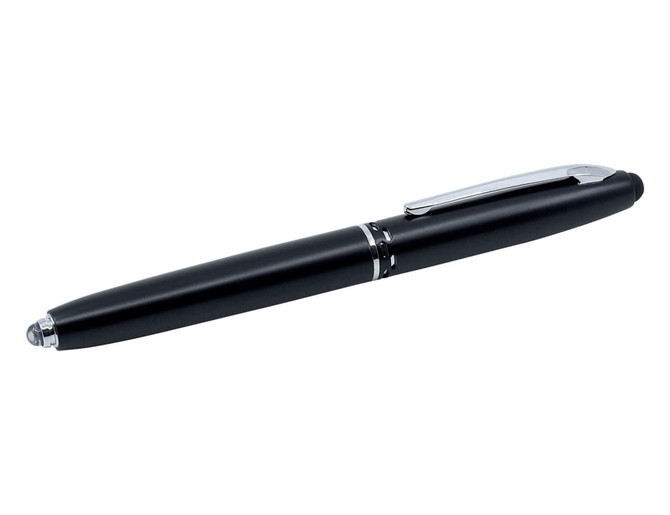 A black stylus pen with a sleek design and a shiny silver clip, featuring a built-in torch.