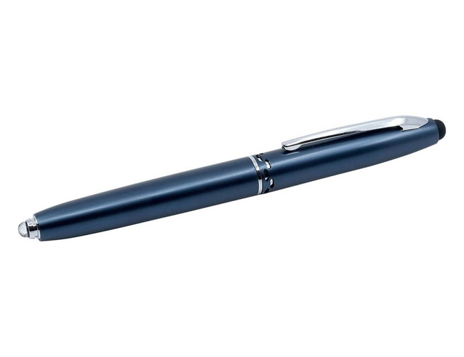 A blue stylus pen with a silver clip and tip, featuring a logo on the body.