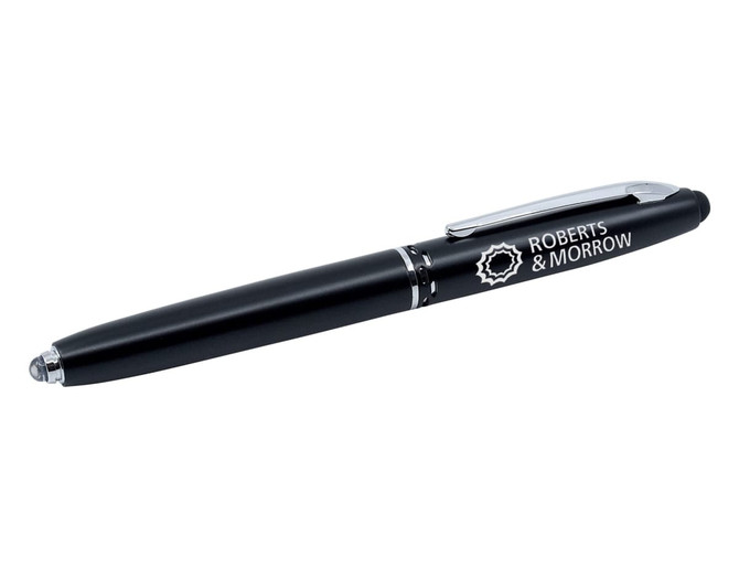 A black stylus pen with a shiny silver clip and a logo on the side.