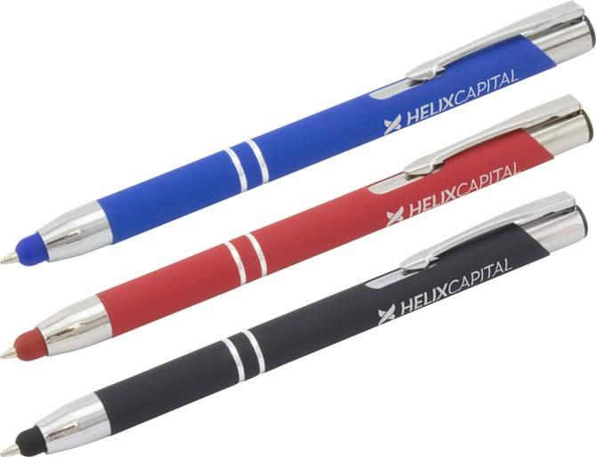 A set of three stylus pens in blue, red, and black, each featuring a shiny silver clip and branding.