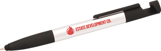 A black and silver multi pen with a stylus tip and a logo on its side. Features multiple writing functions.