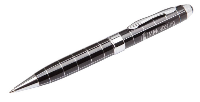 A metal pen featuring a black and silver design with a sleek finish and a logo.
