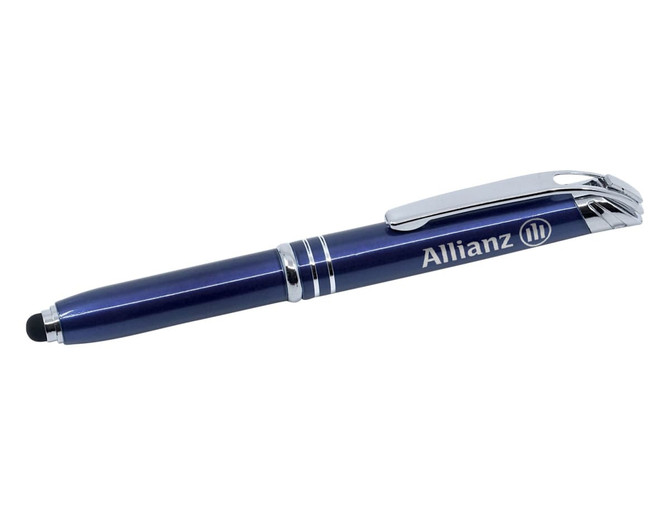 A purple stylus pen with a silver clip and branding, featuring a touch screen tip at one end.