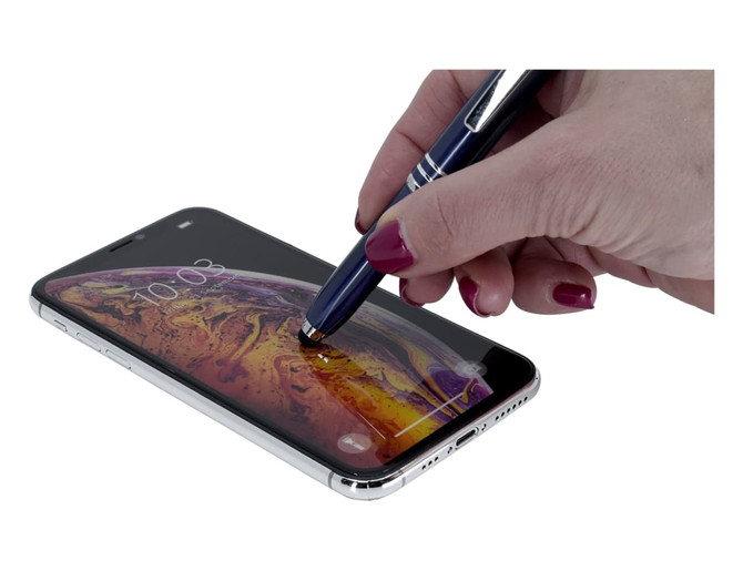 A blue stylus pen is being used on a smartphone screen, with a hand holding the pen. The phone displays a vibrant graphics.