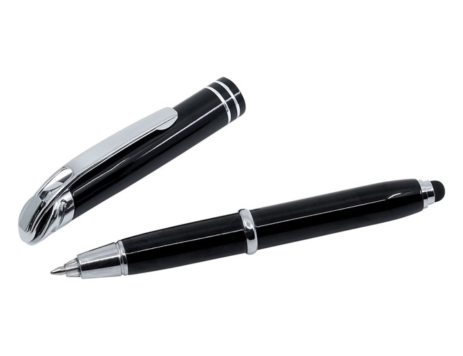 A black stylus pen with a silver clip and accents, featuring a writing tip and a stylus end.