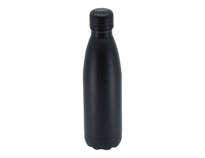 A drink bottle in matte black finish with a sleek design and a cap, featuring a logo.