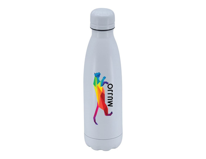 A drink bottle featuring a white body with a colourful logo, designed as a 500ml vacuum flask.