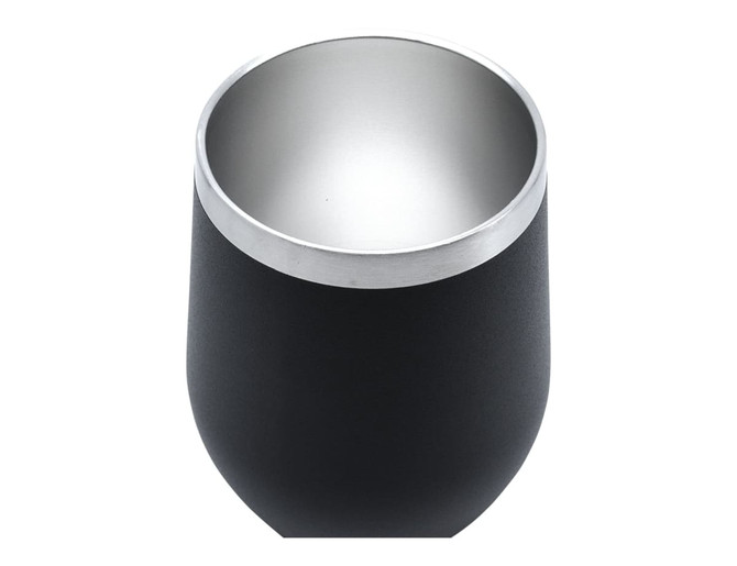 A black double wall travel mug with a stainless steel interior and a smooth finish, featuring a metal rim.
