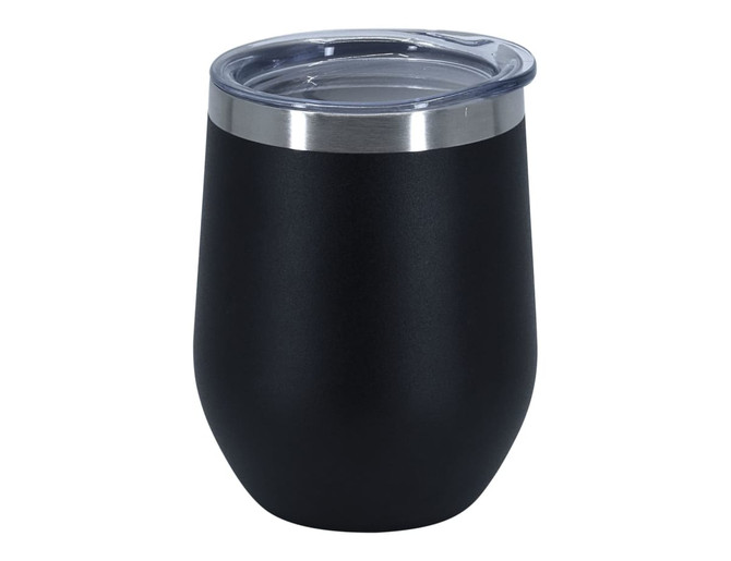 A black double wall travel mug with a clear lid and a stainless steel band.
