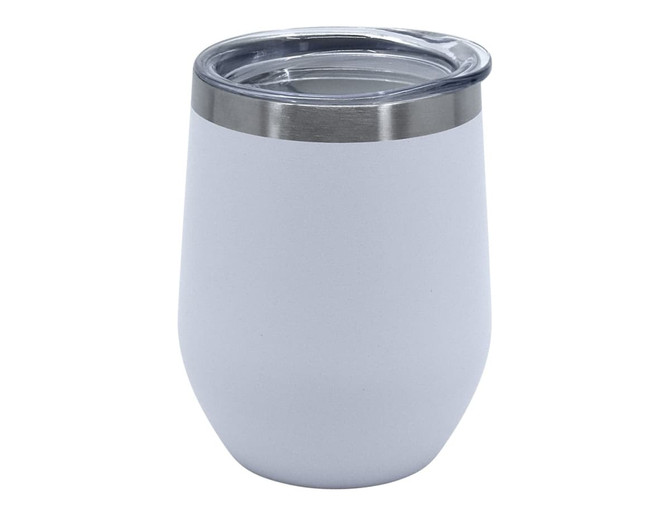 A travel mug in matte white with a clear lid and stainless steel rim, featuring a logo.