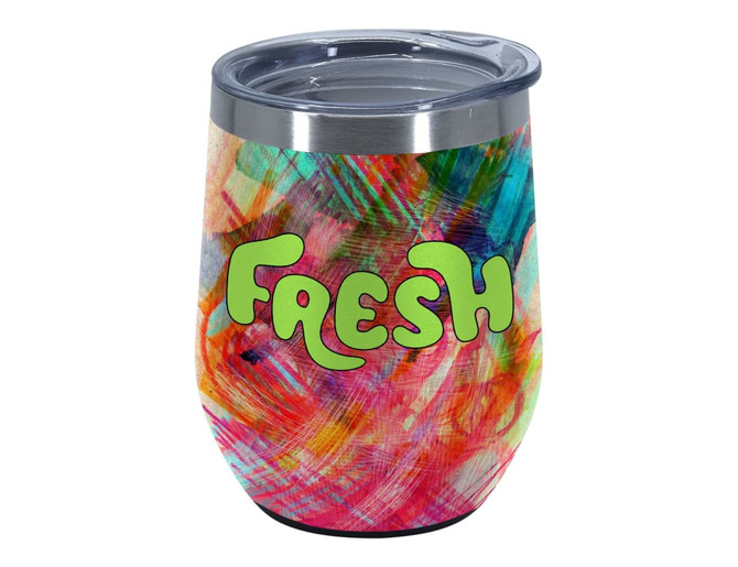 A travel mug featuring a vibrant, multicoloured design with a shiny silver lid and a branded logo.