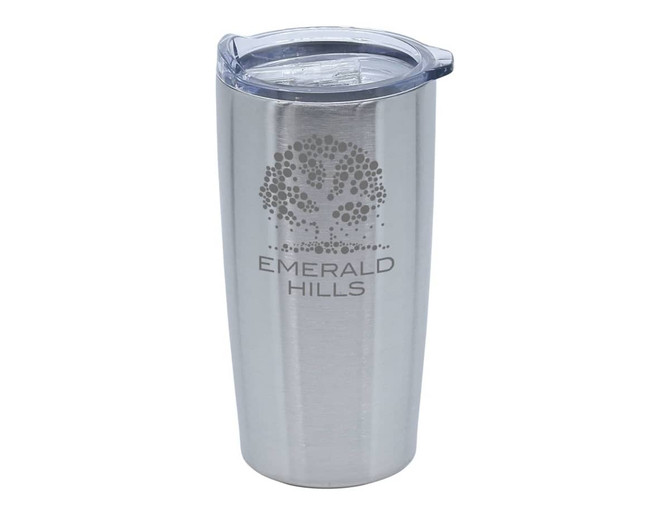 A double wall travel mug in stainless steel with a clear lid and a logo design.