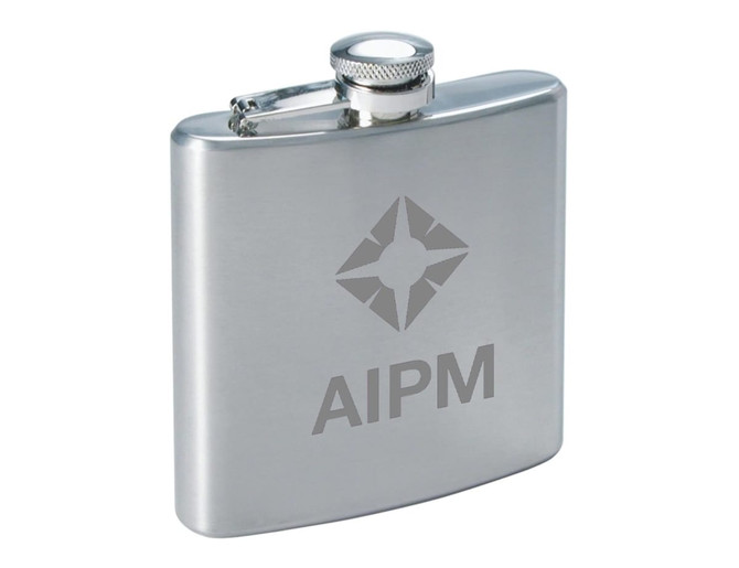 A drink bottle in stainless steel with a sleek design and a logo on its surface.