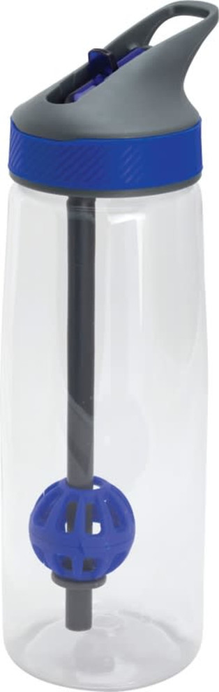 A drink bottle in clear plastic with a grey cap and blue accents, featuring a built-in straw and mixer ball.