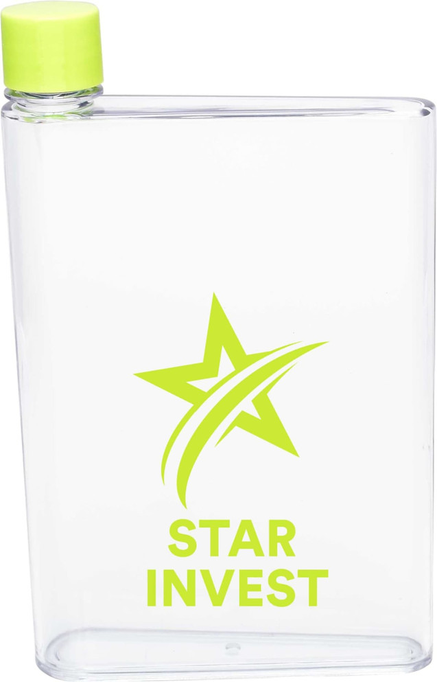 A drink bottle in a clear design with a lime green cap, featuring a logo.
