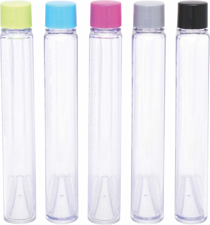A drink bottle collection featuring five clear bottles with coloured lids in green, blue, pink, grey, and black.