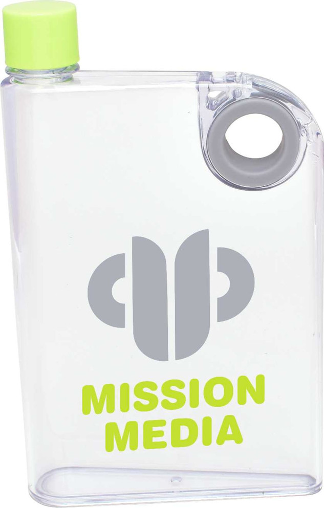 A drink bottle featuring a clear design with a lime green cap, an ergonomic shape, and a logo on the surface.