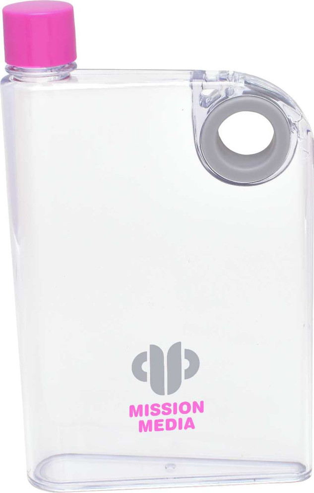A drink bottle with a clear body, pink cap, and grey detail, featuring a logo on the front.