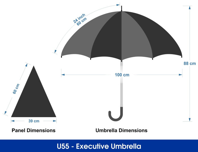 A black and grey 24-inch executive umbrella with dimensions and a triangular panel shown alongside.