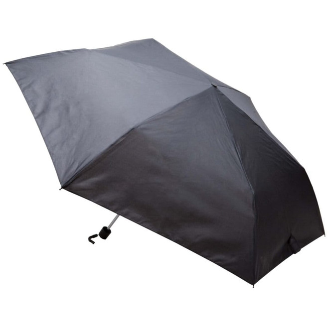 A compact traveller umbrella in black, featuring a classic design and a handle for easy carrying.