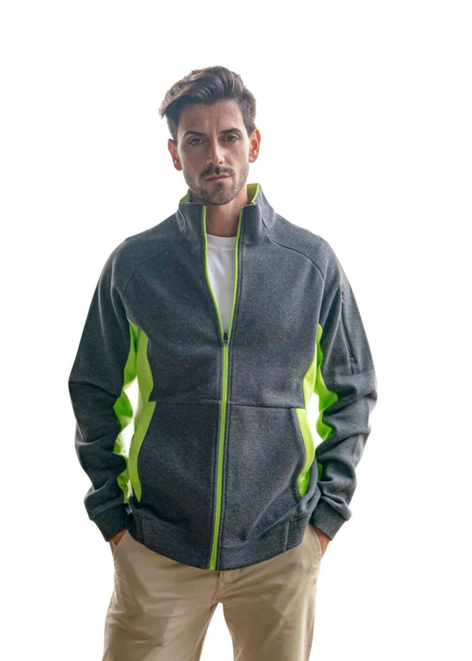 A men's jacket in grey with bright green accents, featuring a high collar and zip front. It has a logo.