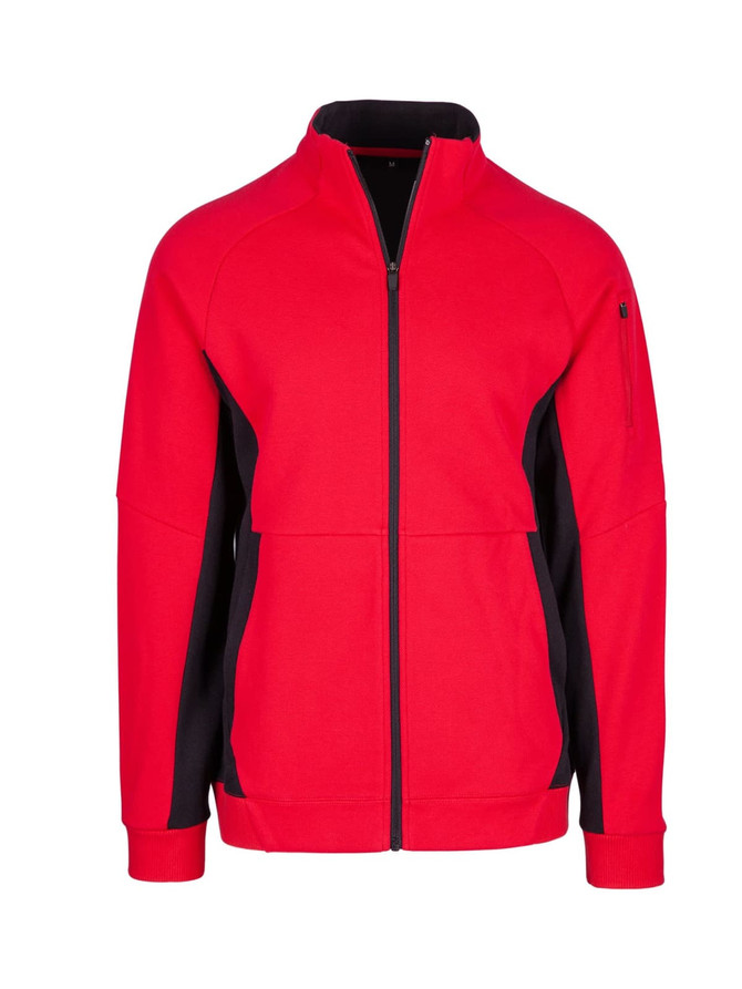A red and black men's jacket featuring a zip front and a logo on the sleeve.