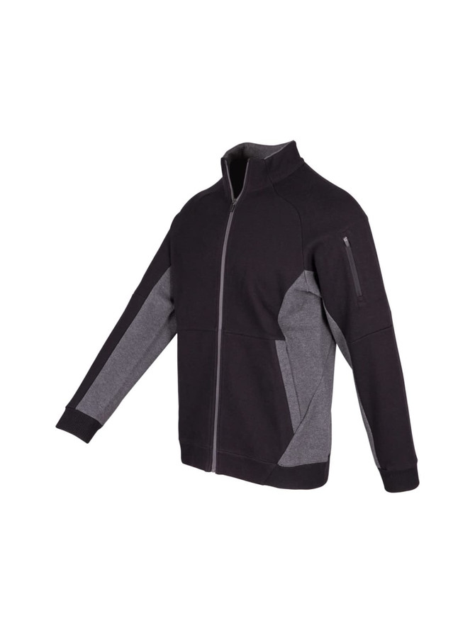 A men's jacket in black with grey panels, featuring a zip front and a side pocket. It includes a logo.