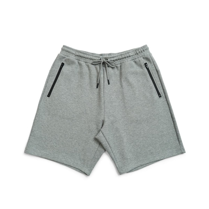 Light grey men's cotton shorts featuring two zippered pockets and an elastic waistband.