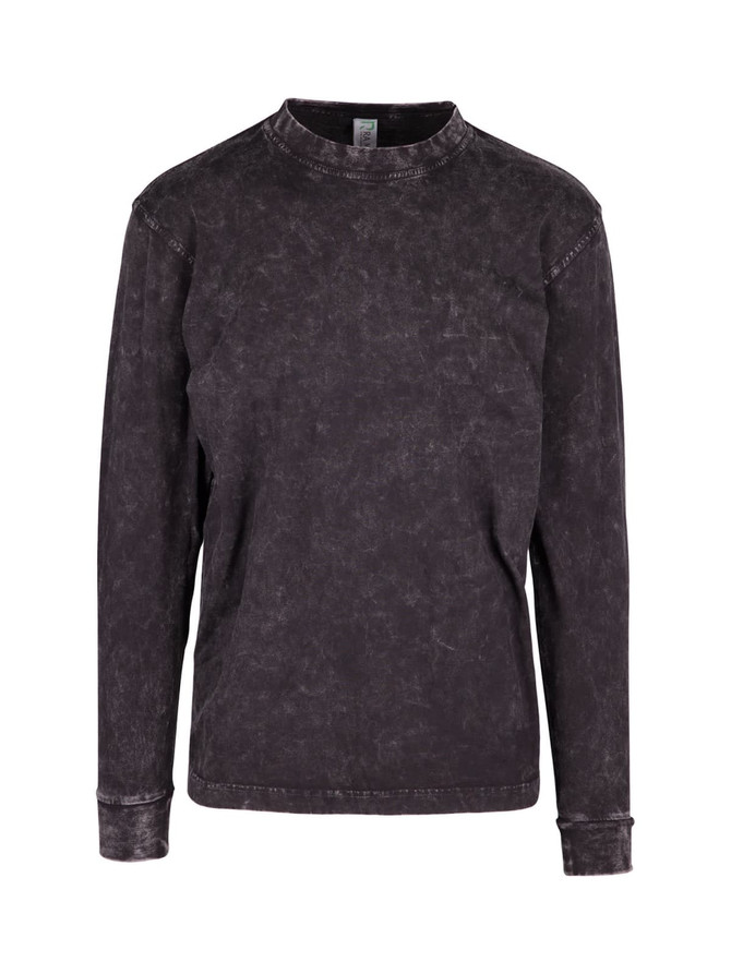 A black stone wash long sleeve T-shirt with a simple design and crew neckline, featuring a logo.