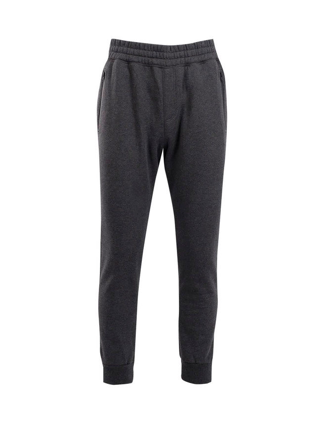Brushed fleece track pants in dark grey with a relaxed fit, featuring pockets and elasticised waistband.