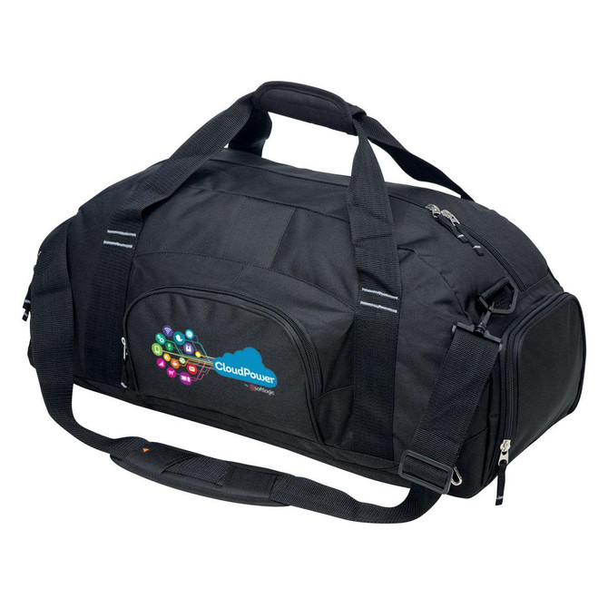 A black duffle bag with dual handles and a detachable shoulder strap, featuring a logo on the side.