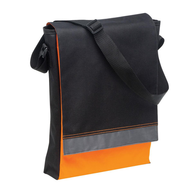 A black and orange satchel with a shoulder strap and a logo, featuring a sleek, modern design.